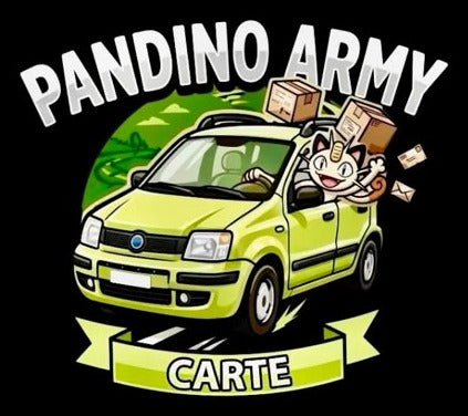 Illustrazione Pandino Army Carte con la sua auto verde e il mascotte